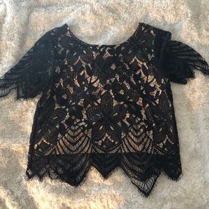 Express Black Eyelash Lace Crop Top Blouse